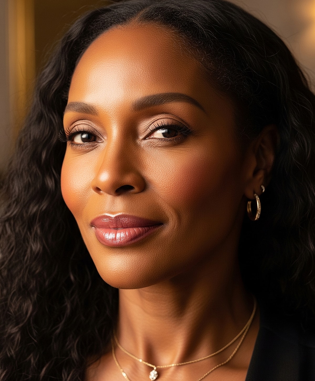 Close-up portrait of a woman with curly hair.