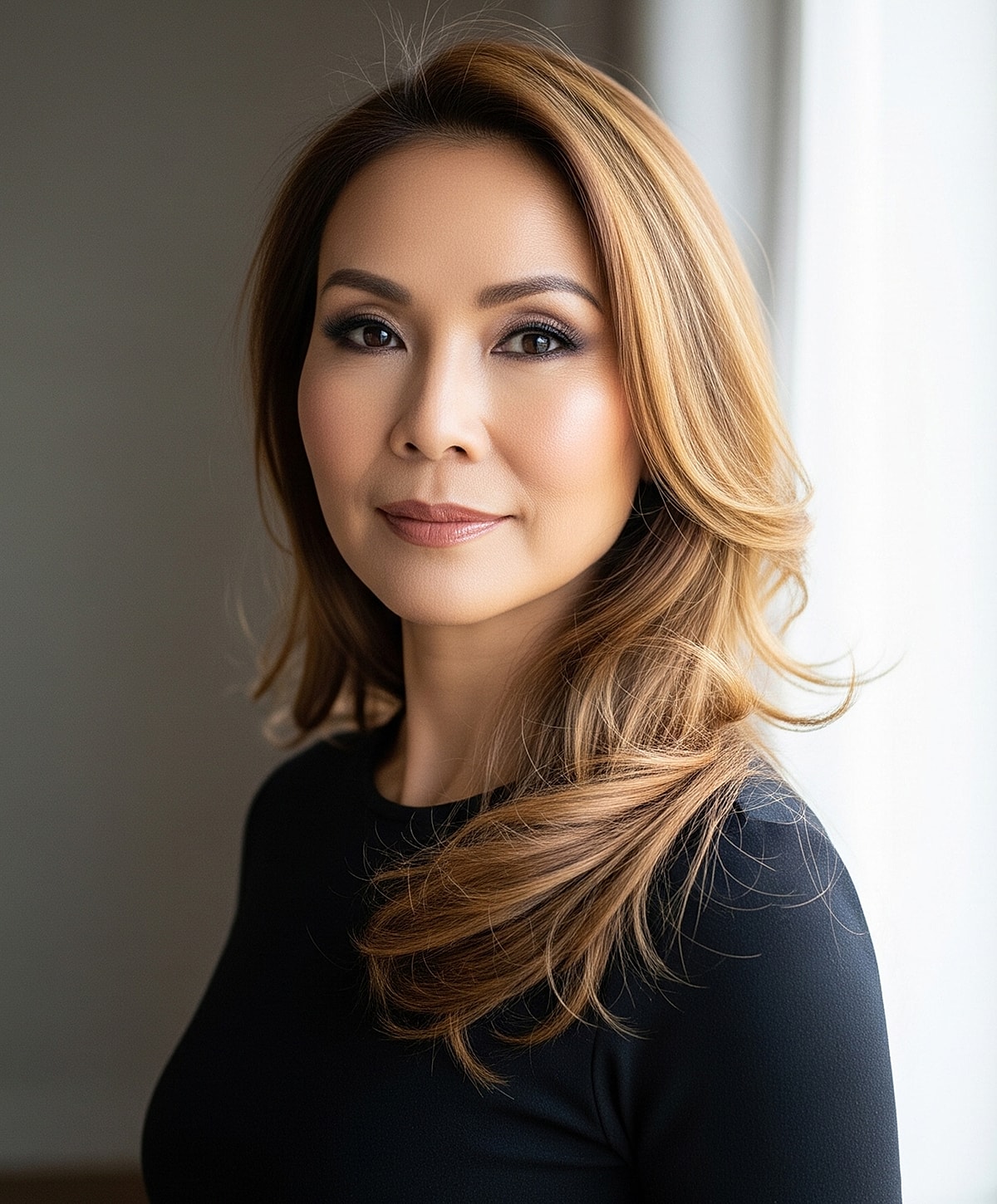 Smiling woman with long, wavy brown hair.