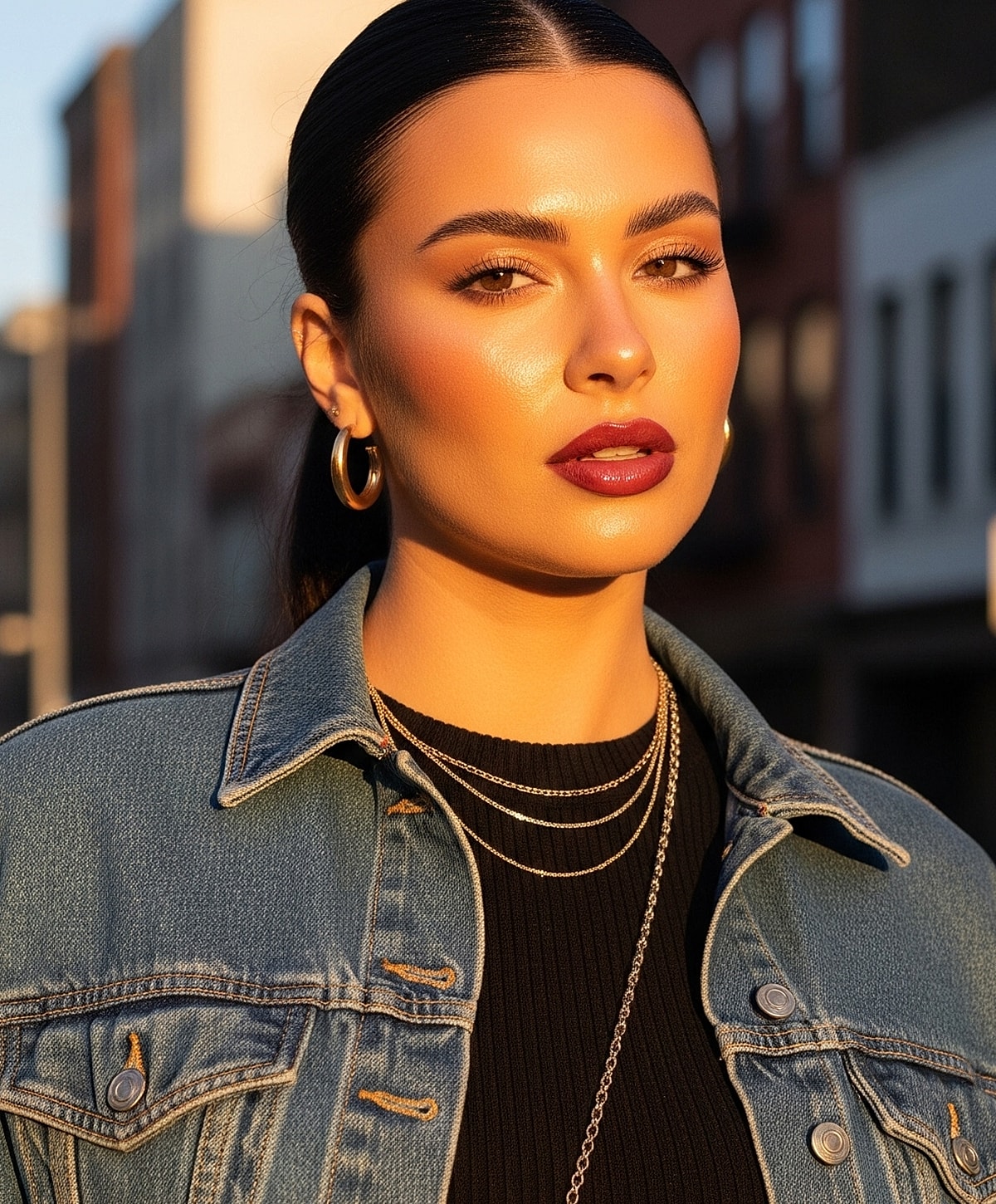 Woman in denim jacket with glowing skin.