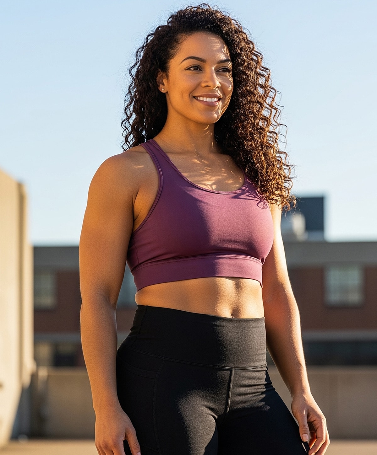 Smiling woman in workout attire outdoors.