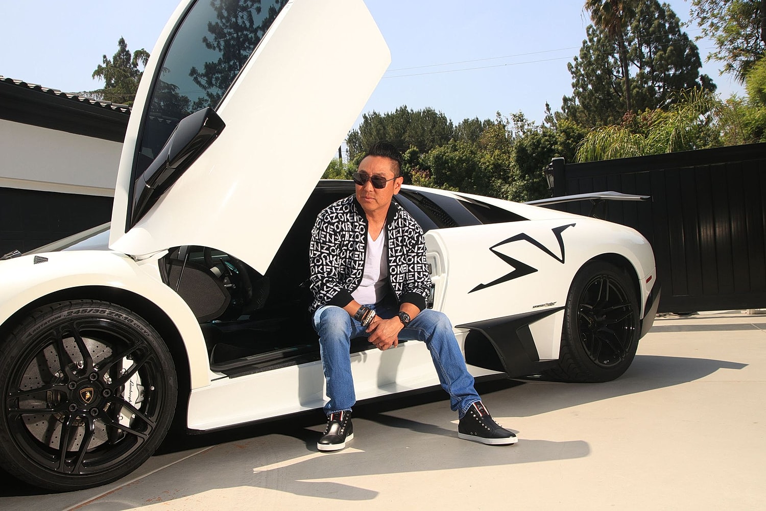 Person sitting by luxury sports car door.