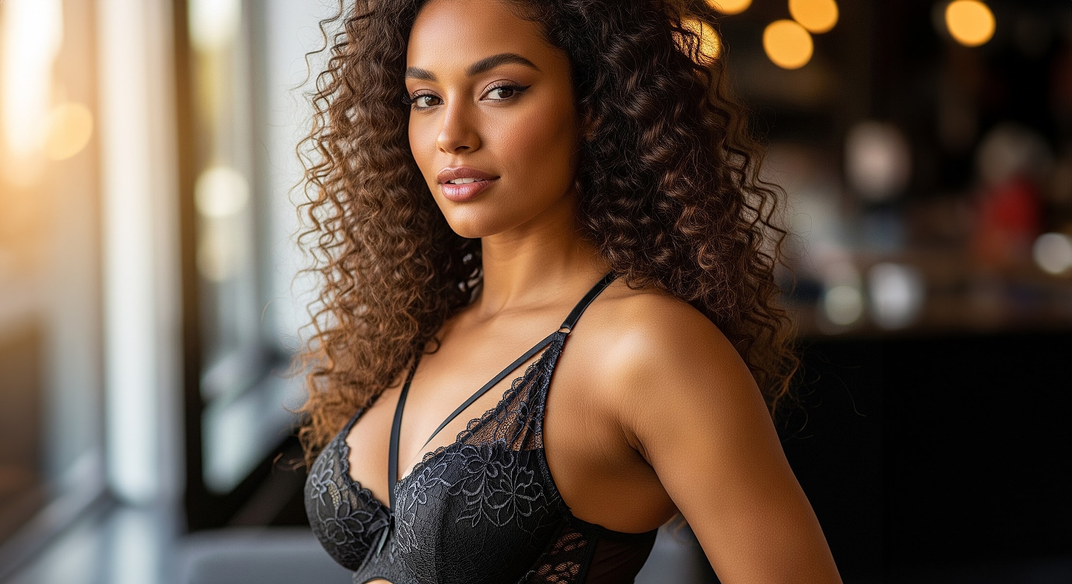 Model posing in stylish black lingerie indoors.