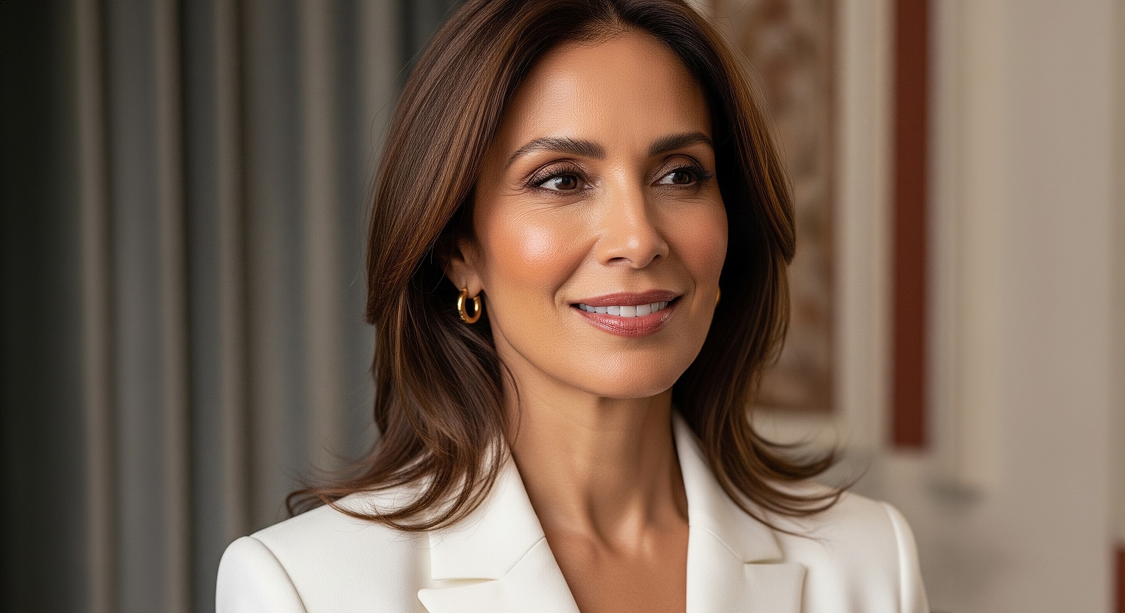 Woman in white blazer smiling softly
